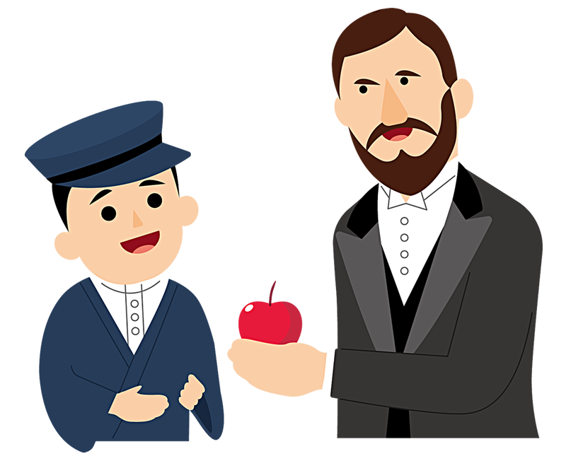 宣教師が信者にりんごを与える