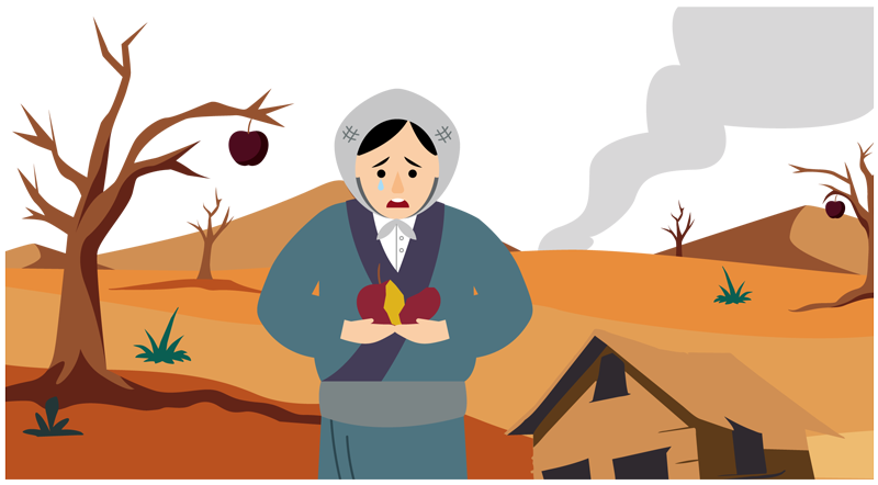 戦争でりんご畑が荒れ果てる